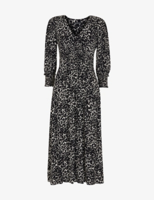 Whistles Shadow Leopard Print Shirred Dress In Black
