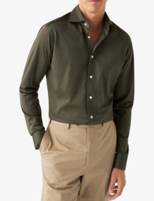 Shop Eton Men's Dark Green Casual Knit King Striped Regular-fit Cotton Shirt
