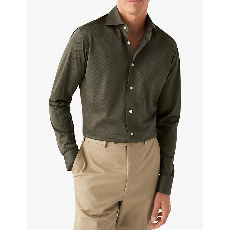 Shop Eton Men's Dark Green Casual Knit King Striped Regular-fit Cotton Shirt