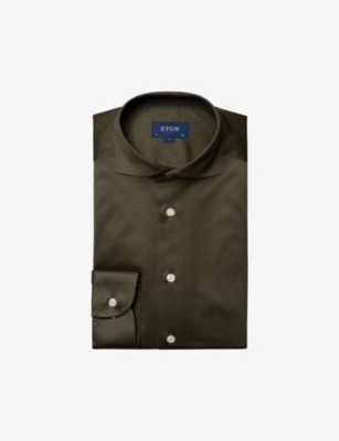 Eton Mens Dark Green King Knit Striped Contemporary-fit Cotton Shirt