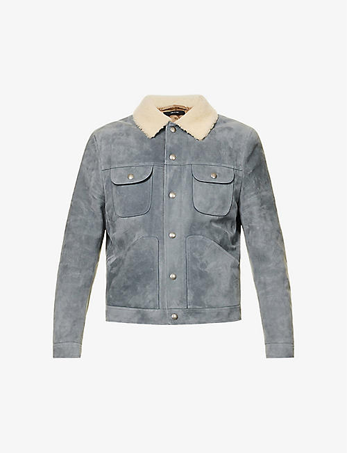 TOM FORD: Shearling-collar suede-textured leather trucker jacket