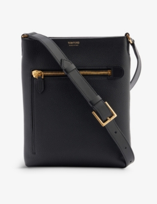 Tom Ford Mens Black Logo-print Leather Messenger Bag | ModeSens