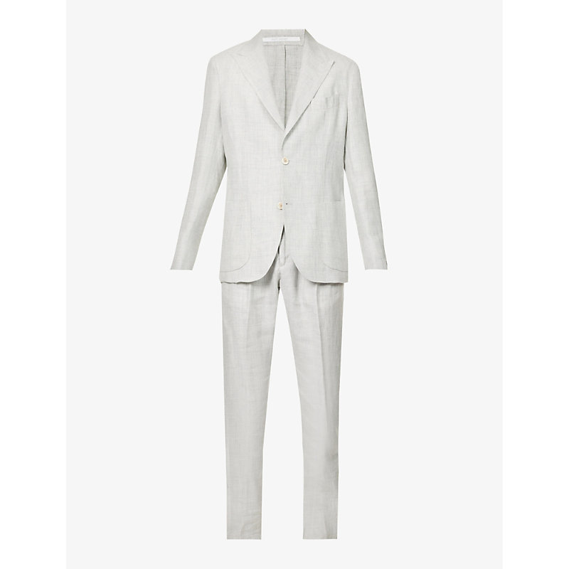 Eleventy Mens Gray Peak-lapel Drawstring-waistband Regular-fit Linen Suit