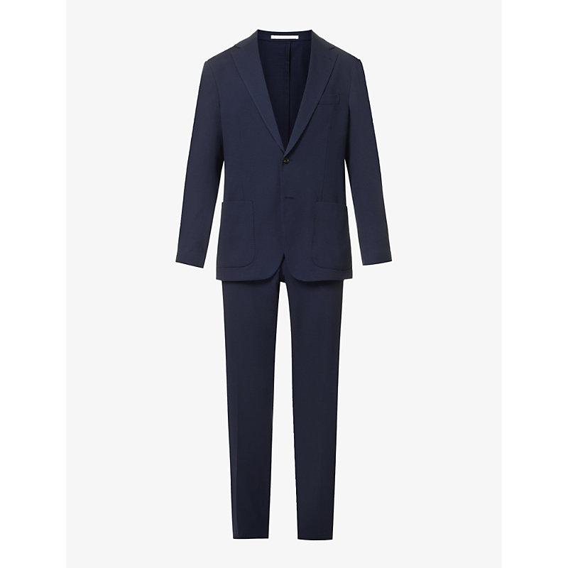 Eleventy Mens Blue Puckere Notched-lapel Regular-fit Cotton-blend Suit
