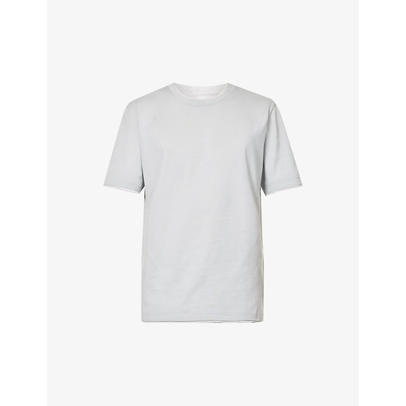 Eleventy Mens Denim White Crewneck Contrast-trim Cotton-jersey T-shirt