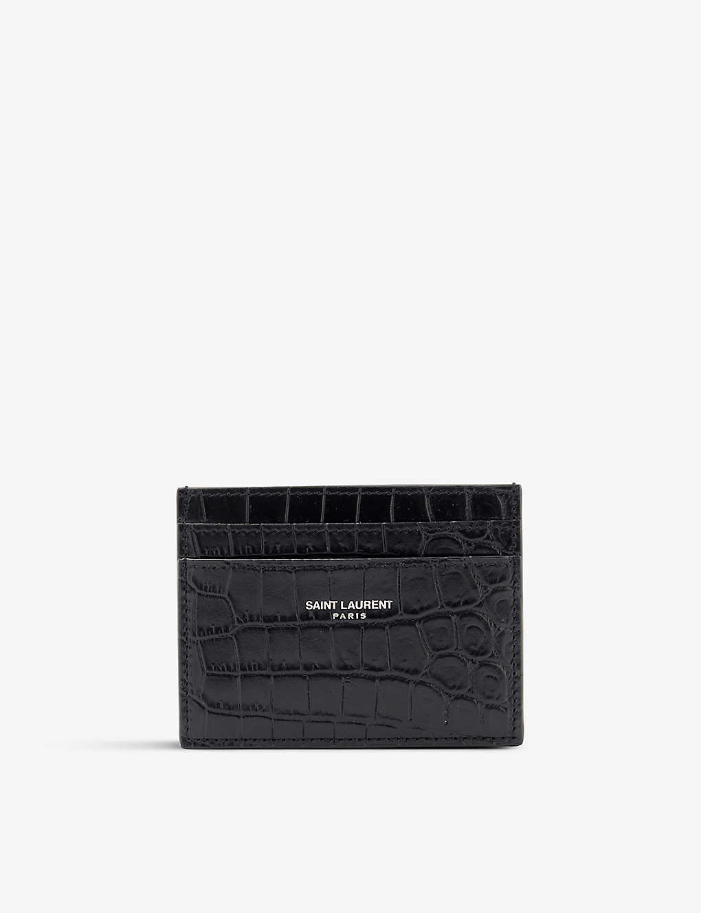 Shop Saint Laurent Men's Nero/nero Branded Crocodile-embossed Leather Card Holder