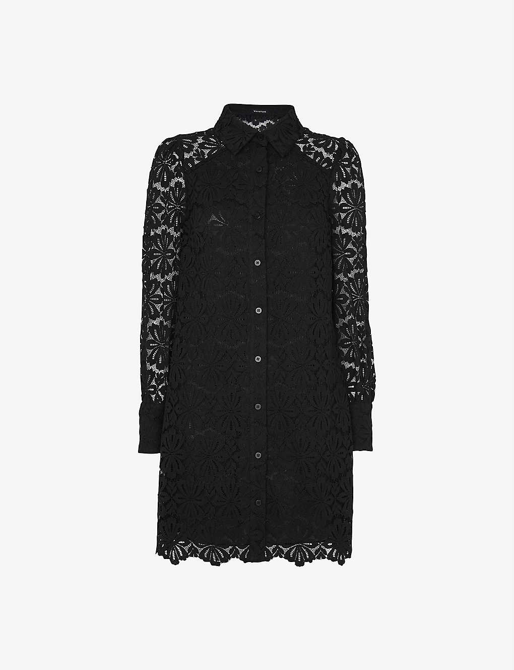 Whistles Womens Black Point-collar Lace Mini Shirt Dress