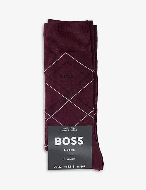 HUGO BOSS: Pack of two branded checked stretch cotton-blend socks
