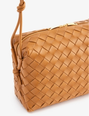 Shop Bottega Veneta Womens Camel Loop Intrecciato Leather Cross-body Bag
