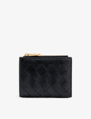 Bottega Veneta Womens Black-Gold Intrecciato Leather Card Holder