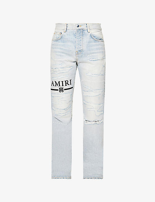 AMIRI: Distressed logo-embroidered regular-fit jeans