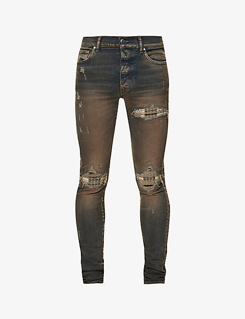AMIRI: MX1 slim-fit distressed plaid-panelled stretch-denim jeans