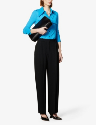 Shop Victoria Beckham Pleated Mid-rise Straight-leg Stretch-woven Trousers In Black