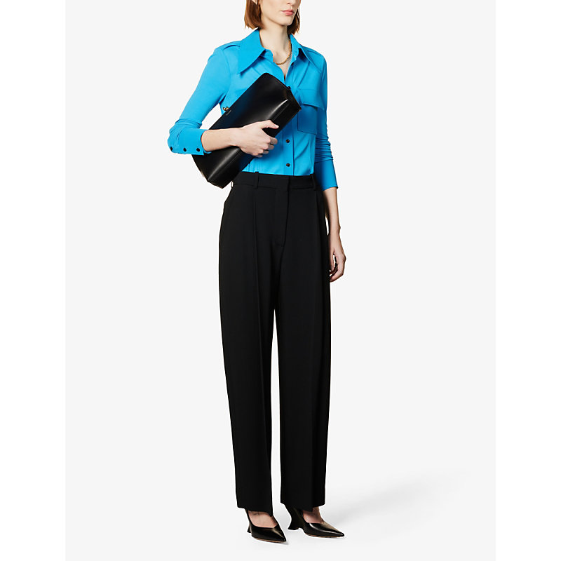 Shop Victoria Beckham Pleated Mid-rise Straight-leg Stretch-woven Trousers In Black