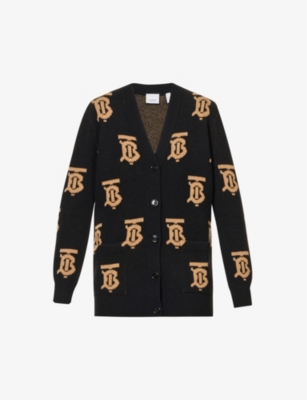 Burberry Monogram Motif Wool Jacquard Cardigan In Black