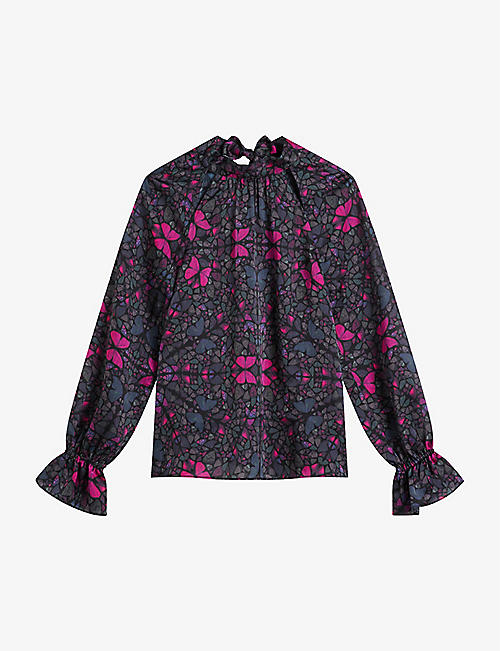 TED BAKER: Heiydii butterfly-print high-neck woven blouse
