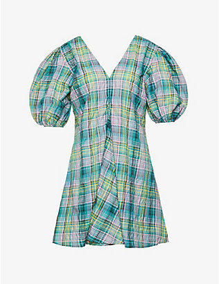 GANNI: Checked seersucker organic cotton and recycled polyester-blend mini dress