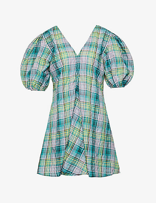 GANNI: Checked seersucker organic cotton and recycled polyester-blend mini dress