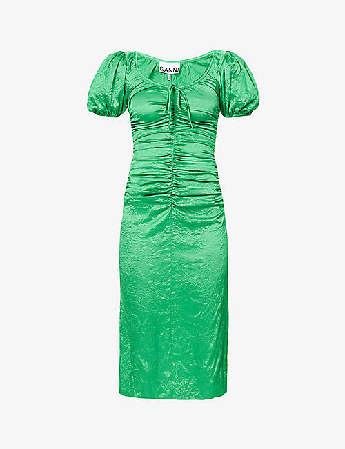 GANNI: Ruched-front split-hem recycled polyester-blend midi dress