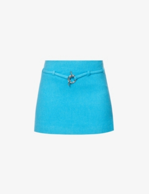 GANNI GANNI WOMEN'S BLUE CURACAO BUCKLE-EMBELLISHED STRUCTURED-WAIST RECYCLED WOOL-BLEND MINI SKIRT,63294850