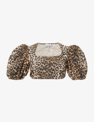 Ganni Leopard-print Puff-sleeve Cropped Blouse In Big Leopard Almond Milk