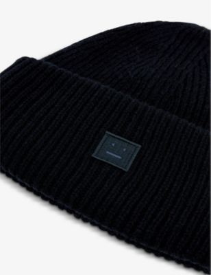 Acne Studios Womens Black Pansy Logo-patch Wool Beanie Hat In Black