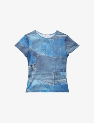 Miaou Graphic-print Semi-sheer Recycled Polyester-blend Top In Denim