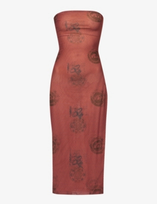 Miaou Lila Atlas Print Strapless Mesh Midi Dress In Atlas