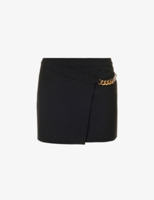 STELLA MCCARTNEY STELLA MCCARTNEY WOMEN'S BLACK FALABELLA CHAIN-EMBELLISHED WOVEN MINI SKIRT,63304832