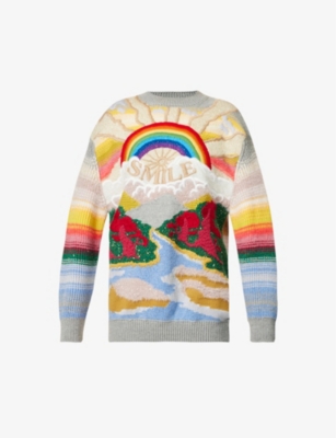 Stella Mccartney Festive Smile Embroidered Intarsia Wool-blend Sweater In Multicolor
