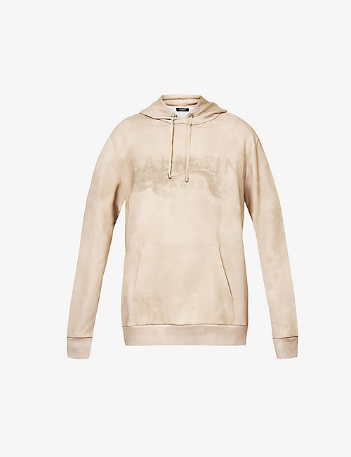 BALMAIN: Distressed-logo relaxed-fit cotton-jersey hoody