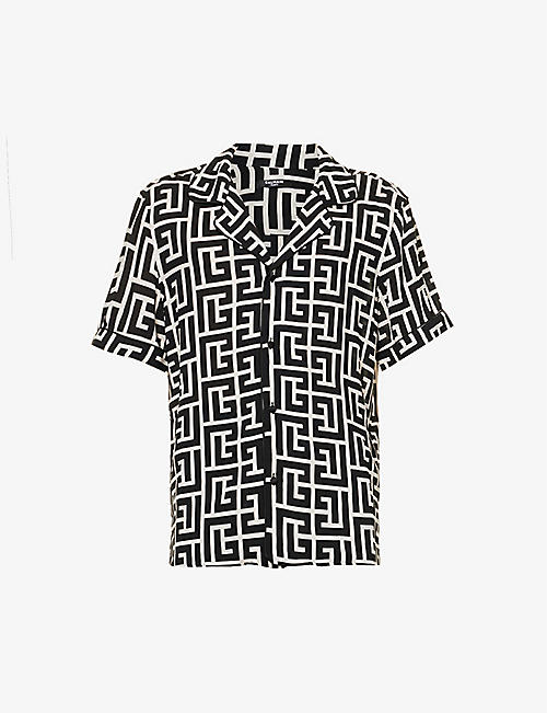 BALMAIN: Monogram-pattern camp-collar woven shirt