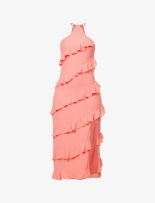 Pretty Lavish Halter Neck Asymmetric Ruffle Maxi Dress In Coral-pink