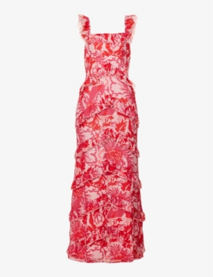 Pretty Lavish Womens Red And Pink Floral Cecile Ruffled Woven Maxi Dress In Red And Pink Floral