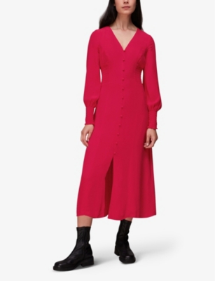 Shop Whistles Women's Pink Ilana Shirred Viscose Midi Dress