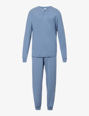 EBERJEY EBERJEY MEN'S COASTAL BLUE HENRY LONG-SLEEVED STRETCH-JERSEY PYJAMA SET,63336154