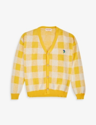 Bobo Choses Check Print Cotton Knit Cardigan In Yellow