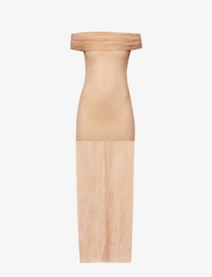 Self-portrait Hotfix Draped Off-shoulder Rhinestone Fishnet Maxi Dress In Nude