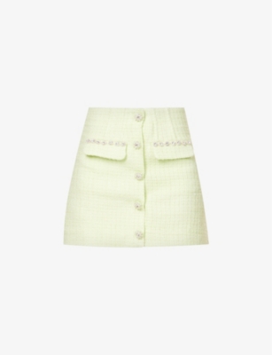 Self-portrait Crystal-embellished Tweed Mini Skirt In Green