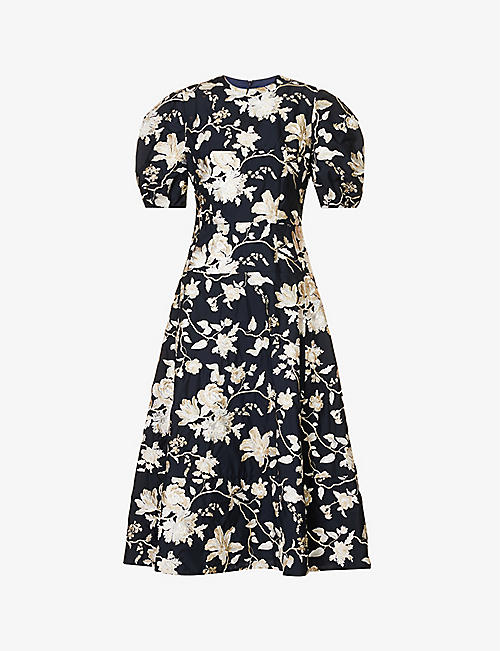 ERDEM: Kira floral-embroidered cotton-blend midi dress