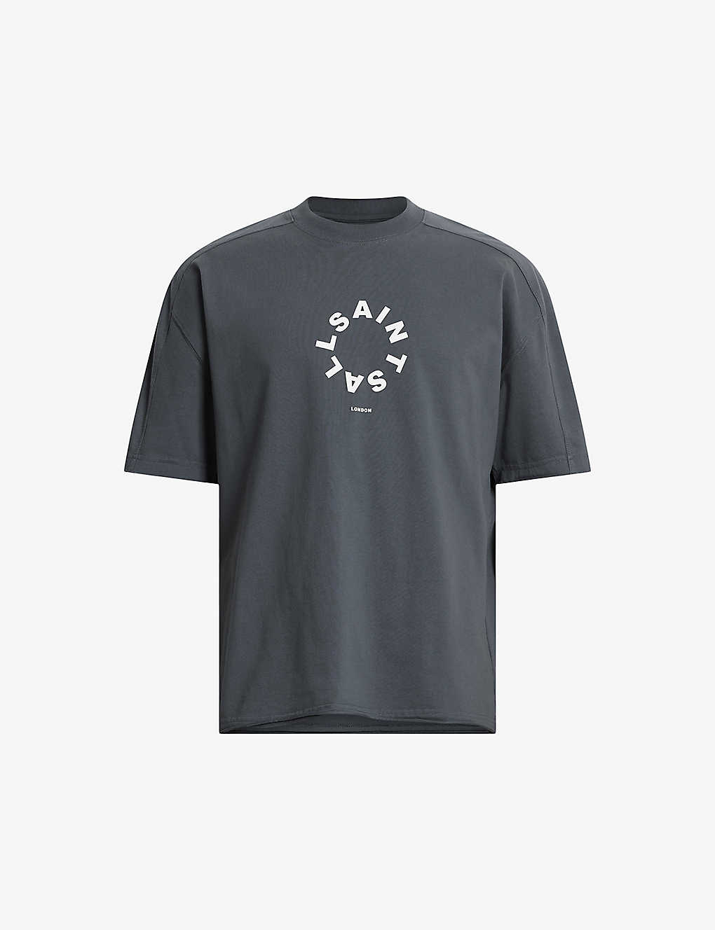 Allsaints Mens Graphite Blue Kayden Logo-print Organic-cotton T-shirt