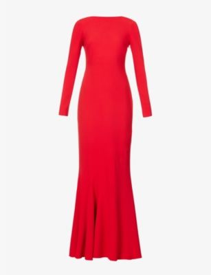 Givenchy Flared-hem Chain-strap Stretch-woven Maxi Dress In Vermillon