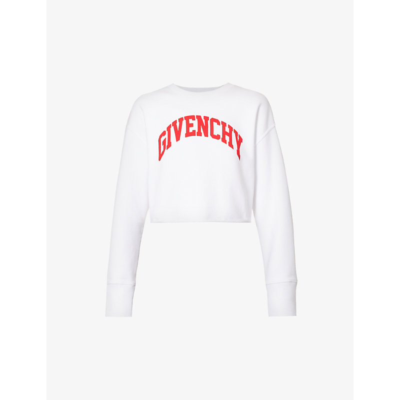 GIVENCHY GIVENCHY WOMEN'S WHITE RED LOGO-PRINT CROPPED COTTON-JERSEY SWEATSHIRT,63363341