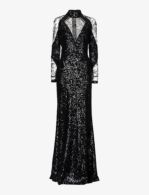 ELIE SAAB: Sequin-embellished lace-panel woven maxi dress