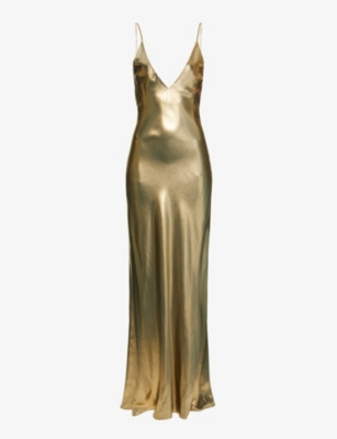 Galvan Ized Plunging Metallic Silk Slip Maxi Dress In Gold