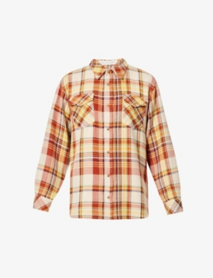 God's True Cashmere Womens Cinnamon Tartan Unisex Tiger's Eye Checked Cashmere Shirt Xl