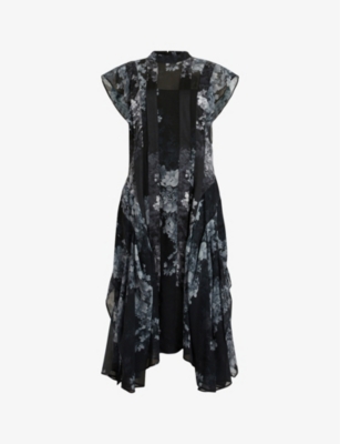 ALLSAINTS FREYA VENETIA FLORAL-PRINT RECYCLED-POLYESTER MIDI DRESS,63388559