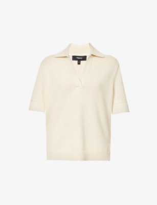 Theory Cotton Blend Knit Polo Top In Cream
