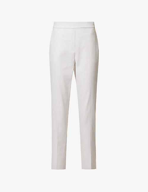 THEORY: Treeca cropped tapered-leg mid-rise regular-fit linen-blend trousers