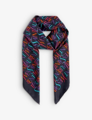 Saint Laurent Womens Black Multi Logo-print Silk Scarf